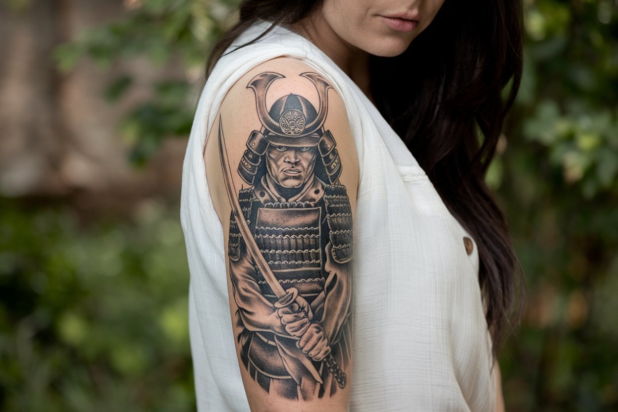 A photo of a woman with a large samurai tattoo on her arm. The tattoo is in black ink and features a samurai warrior with a sword. The woman has long, dark hair and is wearing a white shirt. The background is blurred and consists of greenery.