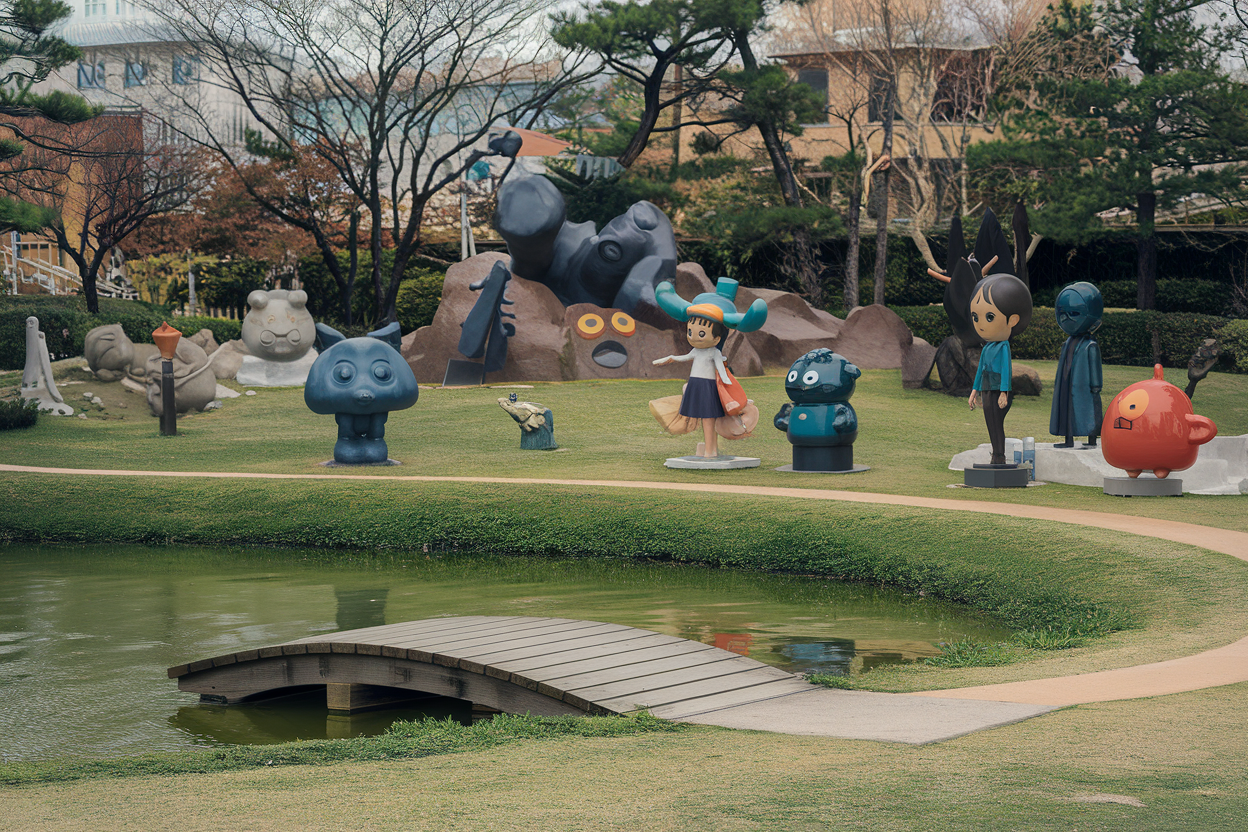 A photo of the Studio Ghibli Park in Japan. There are various sculptures of characters from the Studio Ghibli movies. The park has a small lake with a wooden bridge. The background contains trees and buildings. The ground is covered with green grass.