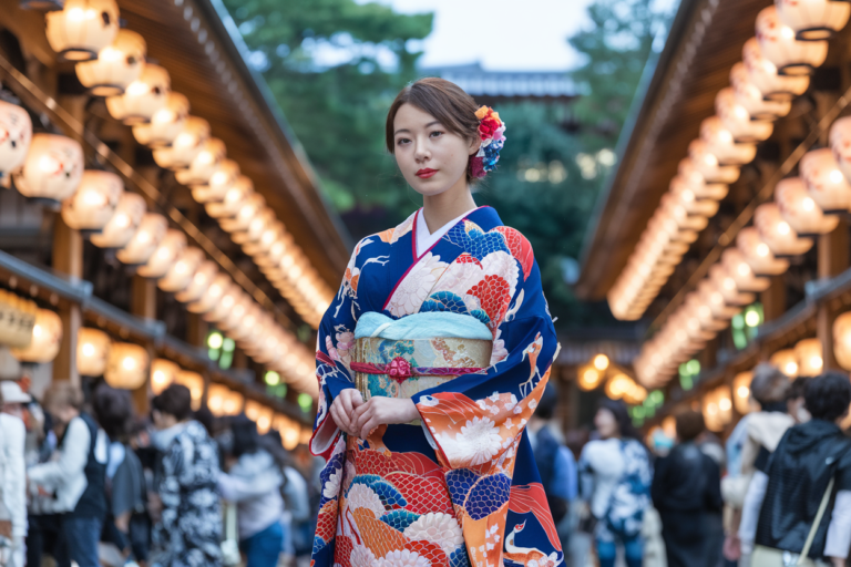 Japanese Festival Fashion: Embrace the Vibrant Traditions 2026! 7 A photo of a Japanese woman wearing a vibrant traditional festival fashion yukata. The yukata is a cotton kimono worn during the summer months. It has a complex pattern of chrysanthemums, red and blue cranes, and orange and purple flowers. The woman is standing in a summer matsuri, a Japanese festival. The background is filled with lanterns, which are glowing. The atmosphere is culturally rich and festive.