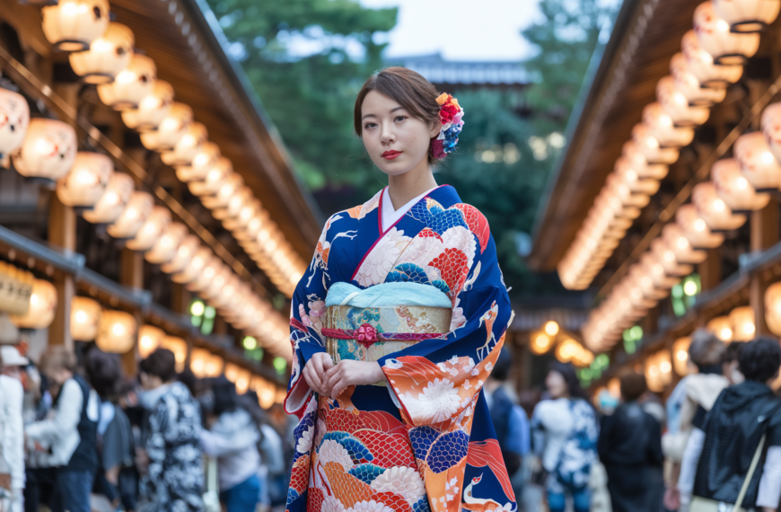 A photo of a Japanese woman wearing a vibrant traditional festival fashion yukata. The yukata is a cotton kimono worn during the summer months. It has a complex pattern of chrysanthemums, red and blue cranes, and orange and purple flowers. The woman is standing in a summer matsuri, a Japanese festival. The background is filled with lanterns, which are glowing. The atmosphere is culturally rich and festive.