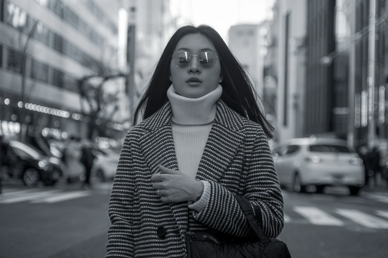 Japanese woman wearing monochrome winter outfit with wool coat and high-neck knit, minimal Tokyo street — japanese fashion winter.