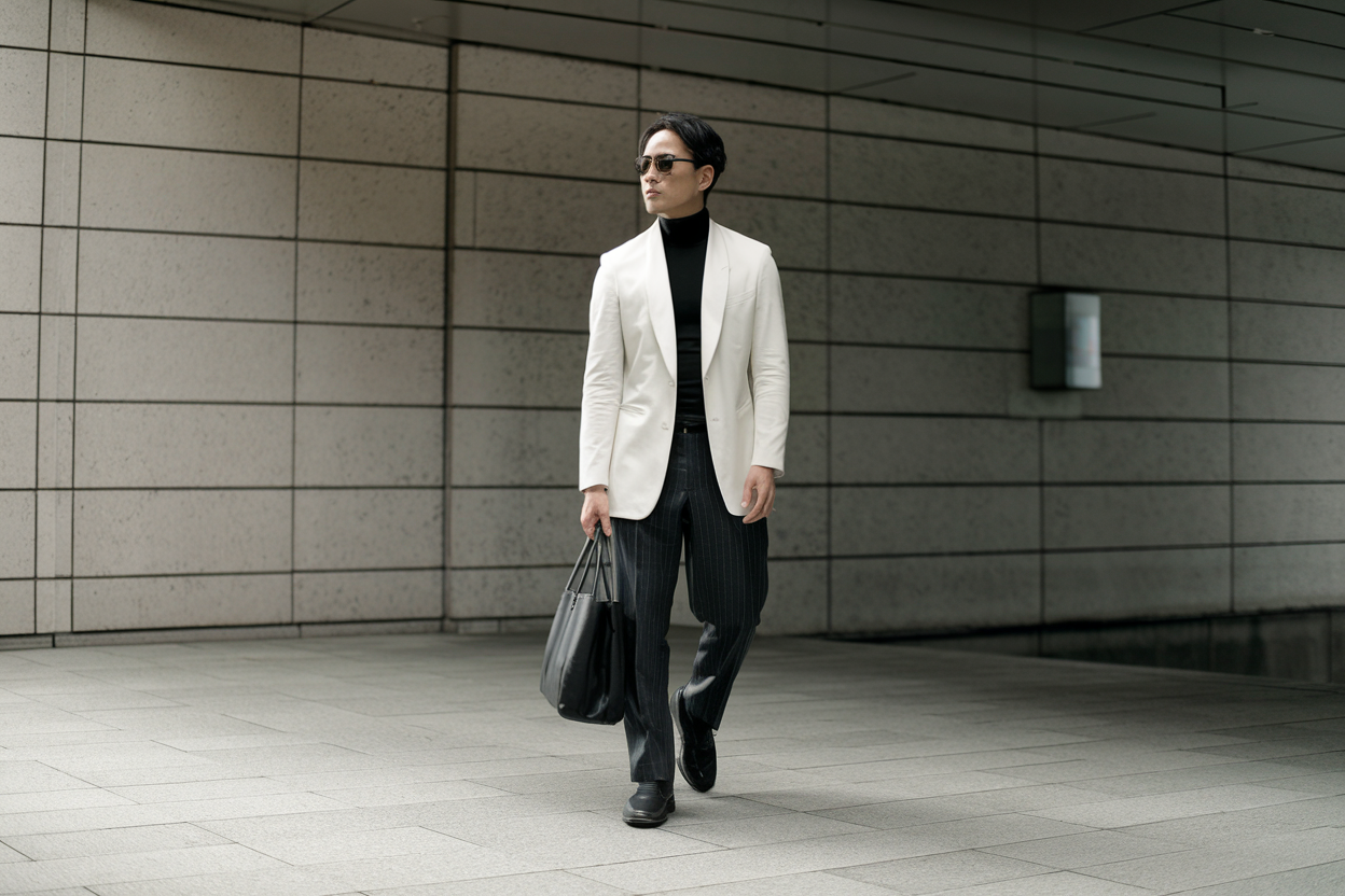 Japanese man in minimalist monochrome outfit with clean lines and premium fabrics, modern Tokyo architecture — japanese male fashion.