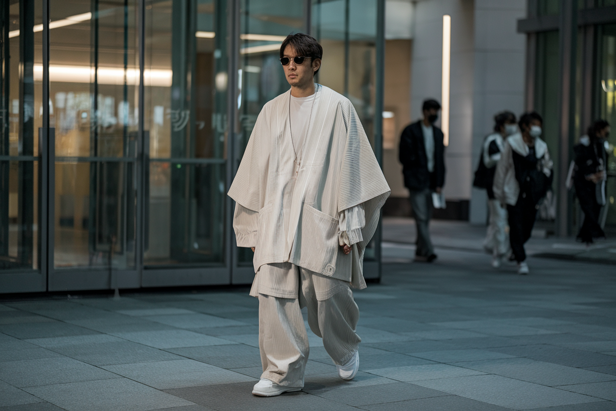 Japanese man wearing oversized layered street fashion in neutral tones, walking through modern Tokyo streets, clean architecture, soft ambient lighting — japanese mens fashion street styles.