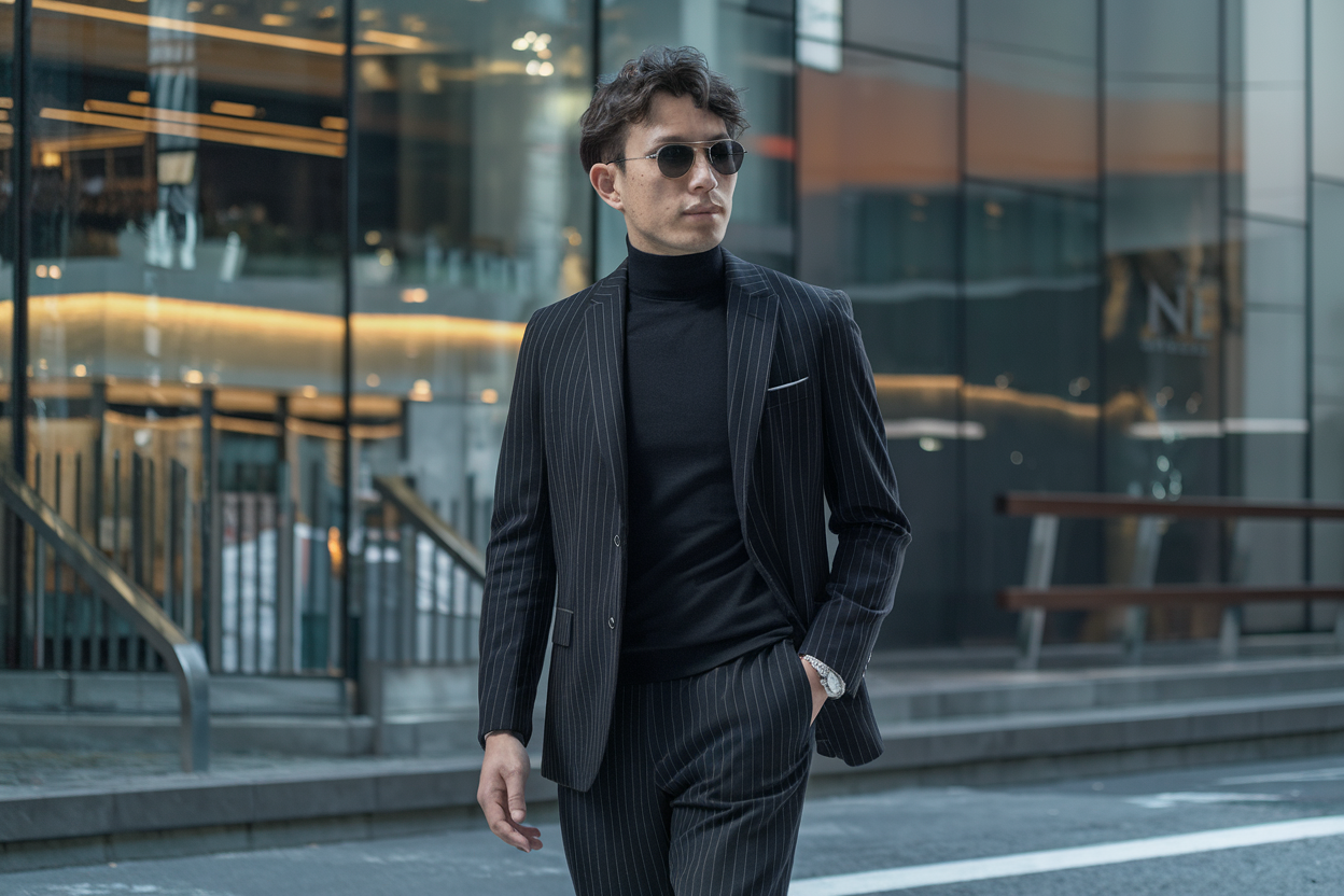 Japanese man wearing monochrome business-casual streetwear with tailored trousers and premium knit, modern Tokyo city background — japanese street wear mens.