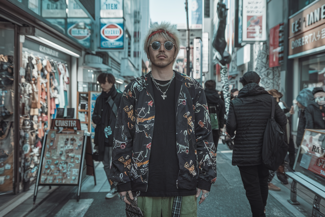 Japanese man in a skate-inspired streetwear outfit with punk elements, standing in Harajuku, colorful shop signs and youth culture energy — japanese streetwear mens.