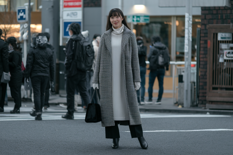 Japanese Winter Outfits: 10 Modern Business-Casual Styles for Women 2026! 15 Japanese woman wearing monochrome winter outfit with long wool coat and knit layers, modern Tokyo street — japanese winter outfits.