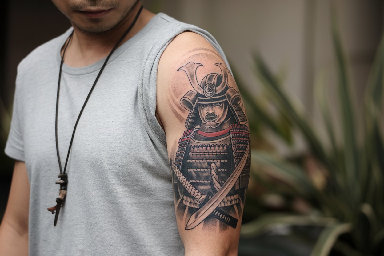 A photo of a Japanese man with a Samurai tattoo design on his arm. The tattoo features a warrior with a helmet and a long sword. The man is wearing a grey t-shirt and a necklace with a pendant. The background is blurred and consists of plants.