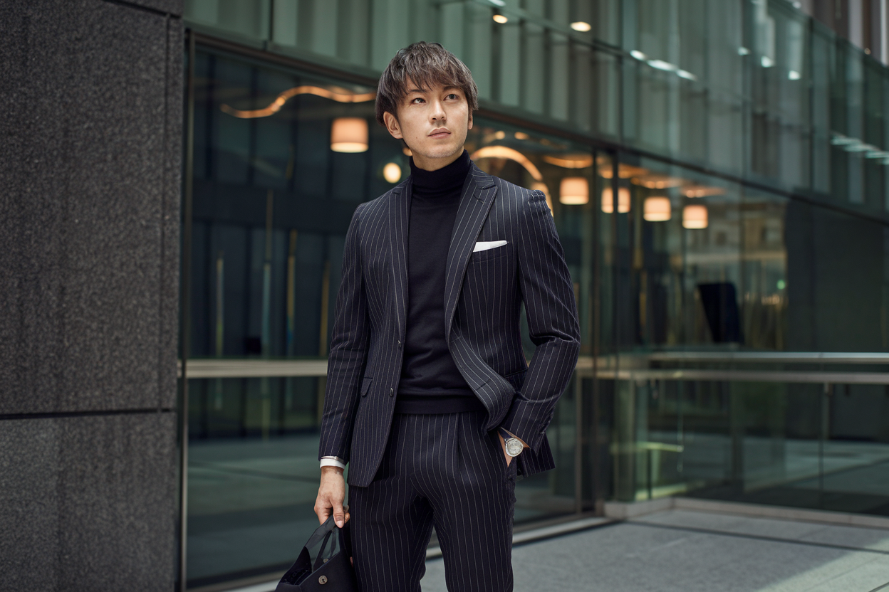 Japanese man wearing minimalist monochrome outfit in premium fabrics, standing in modern upscale Tokyo architecture — mens japanese fashion.