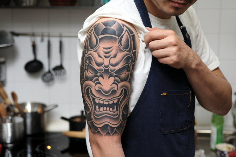 A photo of a Japanese man with an oni mask tattoo on his arm. The tattoo is black and white, with the oni mask covering a large area of his arm. The man has his sleeve rolled up, revealing the tattoo. He is wearing a white shirt and a blue apron. The background is a kitchen with cooking utensils.