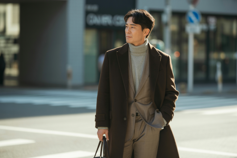 Winter Japanese Outfits: 10 Stylish & Elegant Men’s Looks 2026! 14 Elegant Japanese man wearing a long wool winter coat over a soft knit turtleneck, standing in a clean Tokyo street. The outfit features structured tailoring, muted tones, and refined winter layering. Soft daylight and a minimalist city background create a sophisticated atmosphere.