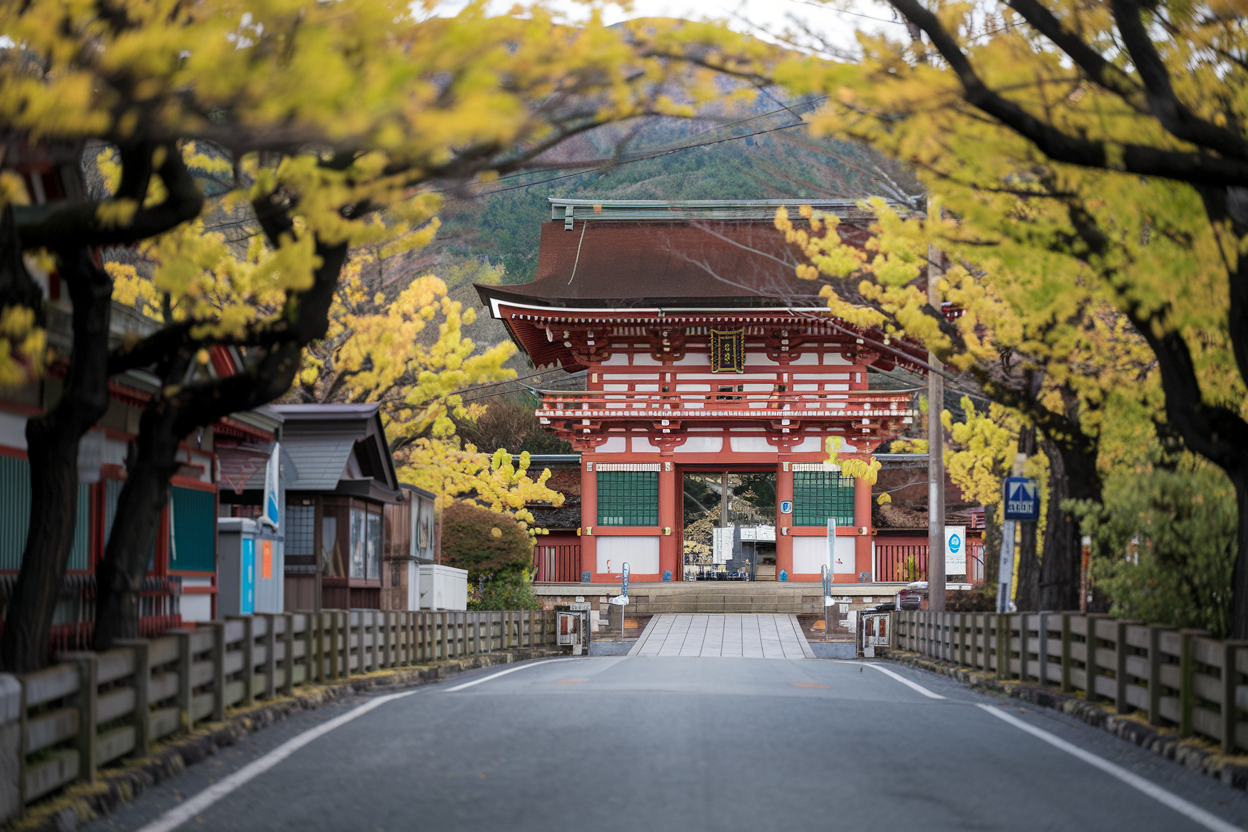 Yellow Spring Road Japan Real: Explore Japans Beauty 2026! 1 A photo of a temple with yellow spring road in Japan. The temple has a red torii gate and is surrounded by yellow leaves. The road leading to the temple is lined with trees with yellow leaves. The background contains mountains.
