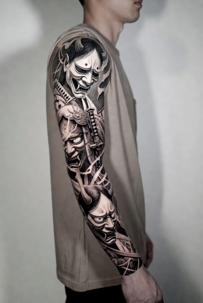 A photograph of a Japanese model showcasing a detailed full sleeve tattoo of a samurai warrior with traditional masks.