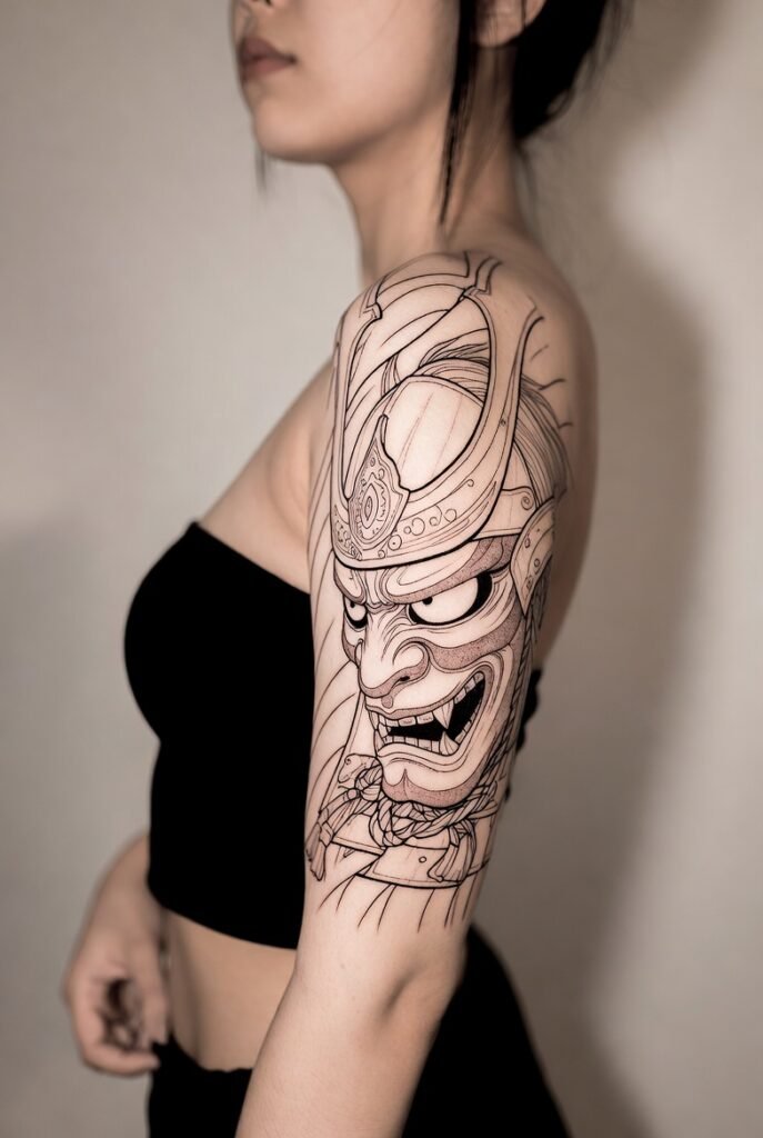 A photograph of a Japanese model showcasing a detailed samurai tattoo on their arm, in a simple background.