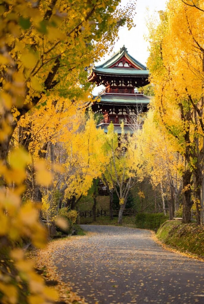 A fall-season image capturing Yellow Spring Road in Japan, its yellow trees and stone lanterns leading toward traditional buildings.
