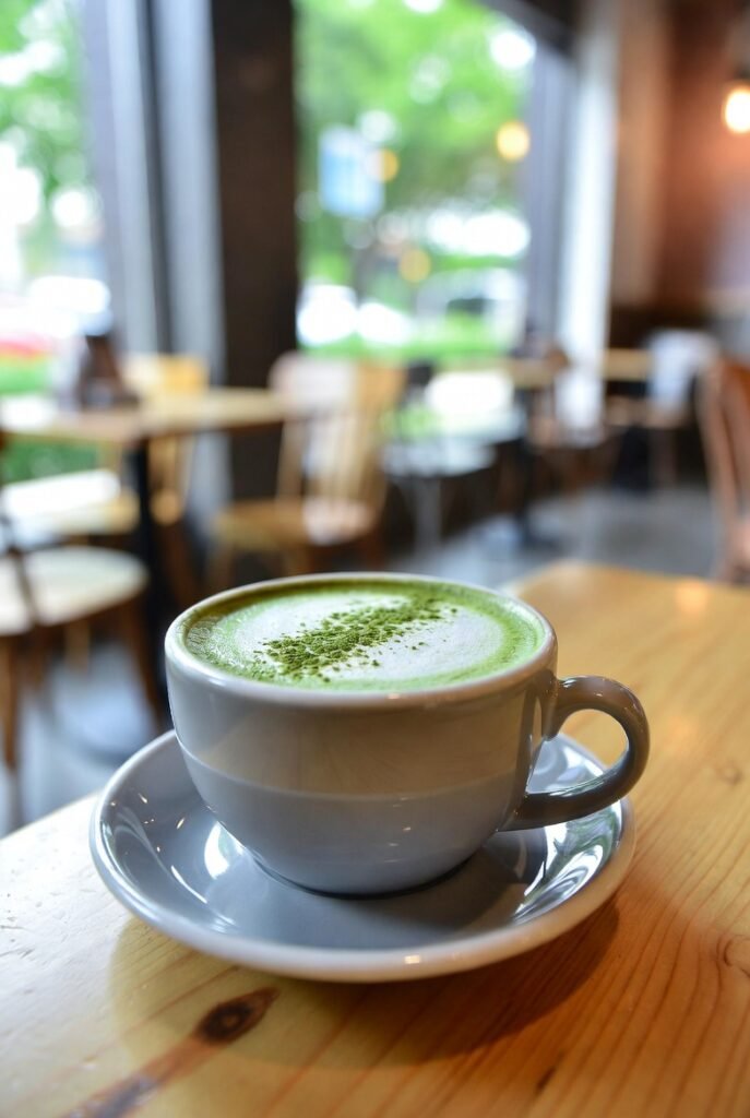 Matcha Kyoto: Exploring the Best Matcha 2026! 2 A photo of a cup of matcha latte in a modern
cafe. The cup is on a wooden surface, with a few green leaves floating on the surface of the latte. The cafe has a minimalist design with white walls, wooden furniture, and potted plants. There's a window near the cup, with sunlight streaming in.