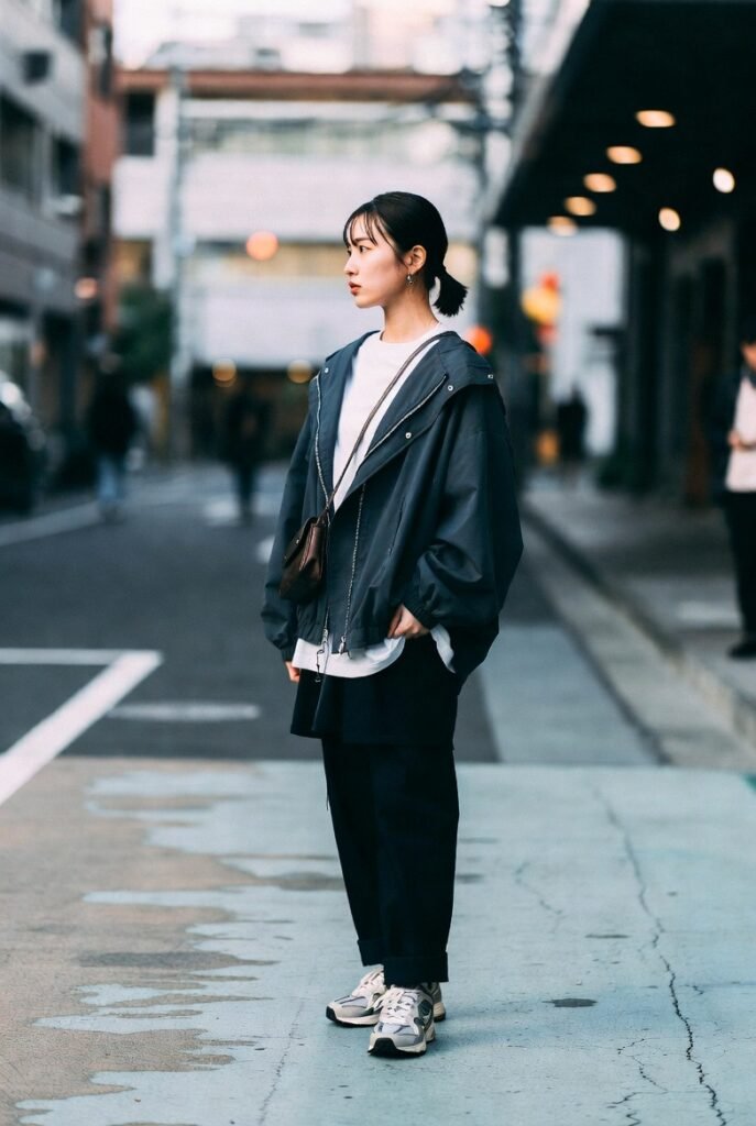 Japanese Streetwear Trends: What's Hot 2026! 3 A single Japanese woman dressed in contemporary streetwear, photographed in a lively urban environment.