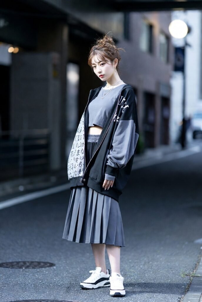 Japanese Streetwear Trends: What's Hot 2026! 4 A Japanese woman posing alone in modern street fashion, surrounded by city architecture.