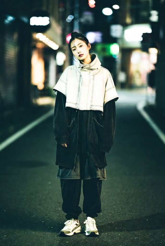 Japanese Streetwear Trends: What's Hot 2026! 6 A Japanese woman dressed in sleek streetwear, shown alone against a blurred city backdrop.