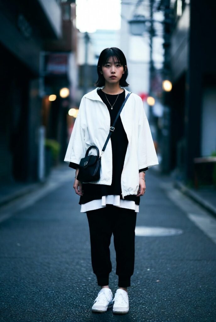 Japanese Streetwear Trends: What's Hot 2026! 7 A single Japanese woman wearing oversized streetwear pieces, captured in an urban street scene.