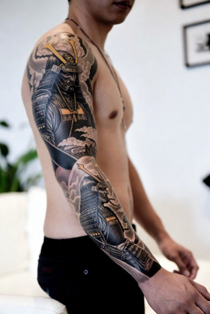 A photograph of a Japanese model showcasing a detailed samurai tattoo on their arm, in a minimalist background.