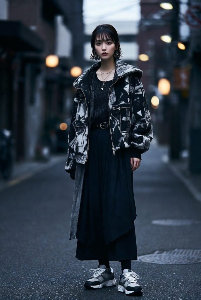 Japanese Streetwear Trends: What's Hot 2026! 8 A Japanese woman alone in minimalist streetwear, standing in a calm city alley.