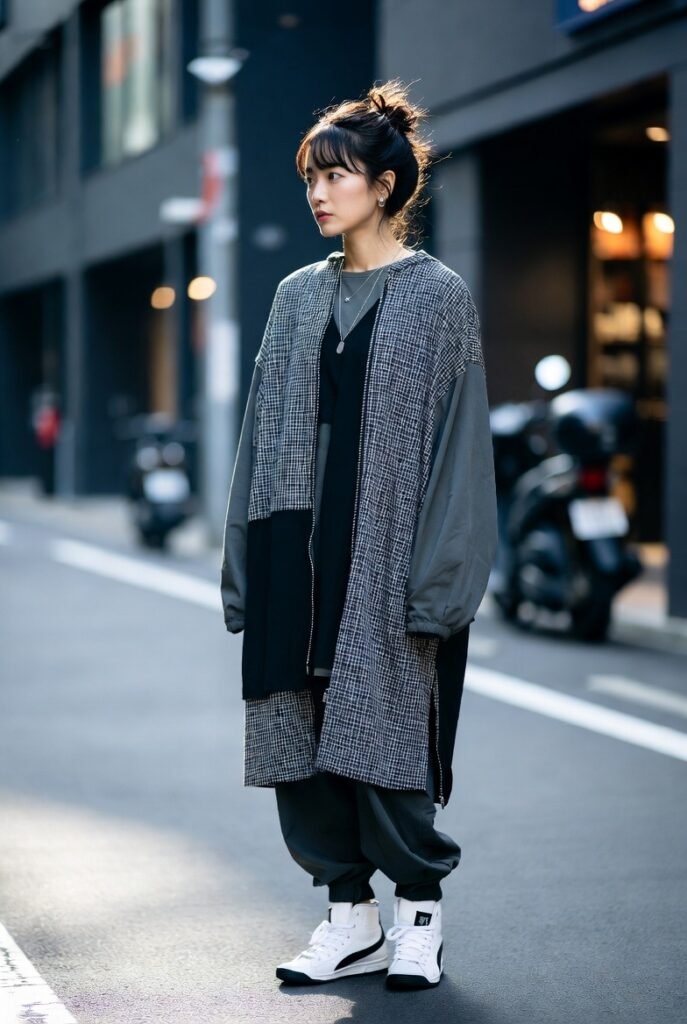 Japanese Streetwear Trends: What's Hot 2026! 9 A portrait of one Japanese woman in bold street-style clothing, photographed in downtown Tokyo.