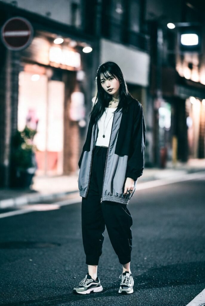 Japanese Streetwear Trends: What's Hot 2026! 10 A Japanese woman in clean modern streetwear, standing solo on an empty crosswalk.
