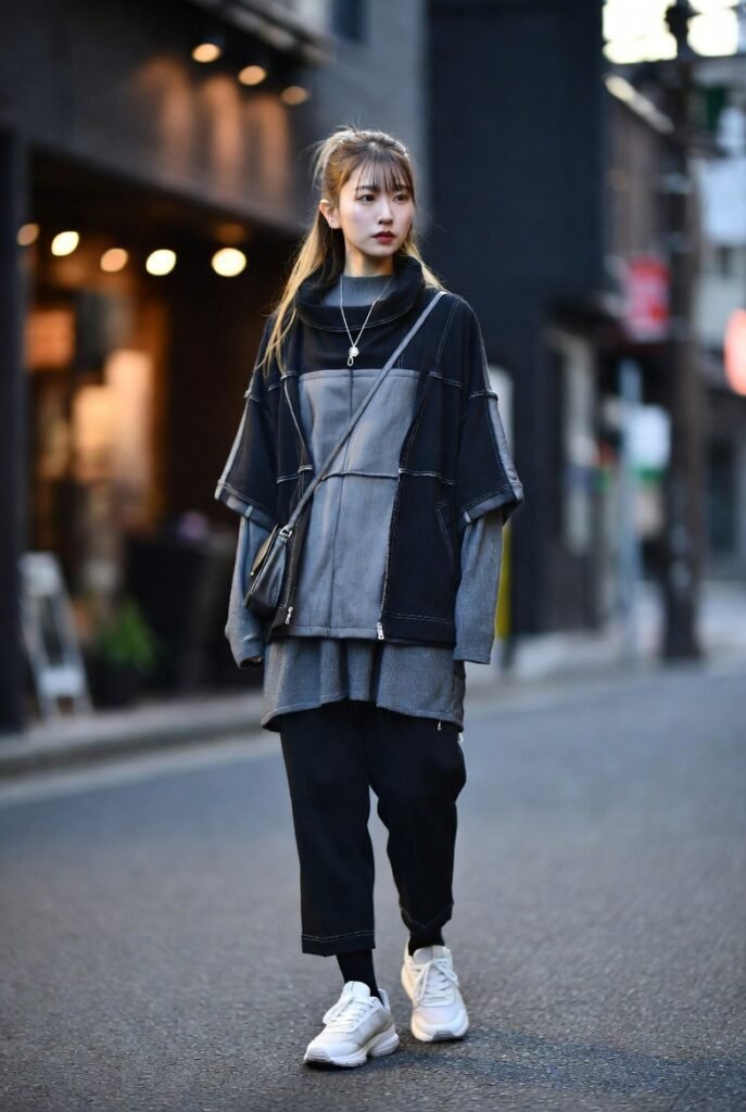 Japanese Streetwear Trends: What's Hot 2026! 11 A solo Japanese woman wearing trendy streetwear layers, framed by soft city lights.