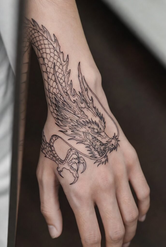 Mirror selfie capturing a dragon design wrapping from the wrist onto the hand, with flowing lines and a fierce dragon head. Only the hand and forearm are visible under soft indoor lighting.