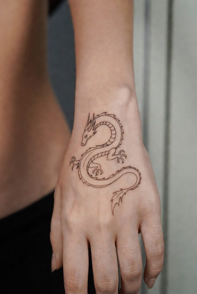 Person taking a mirror selfie featuring a minimalist thin-line dragon tattoo on the back of the hand. The face is not shown, and the lighting highlights the clean, elegant linework.