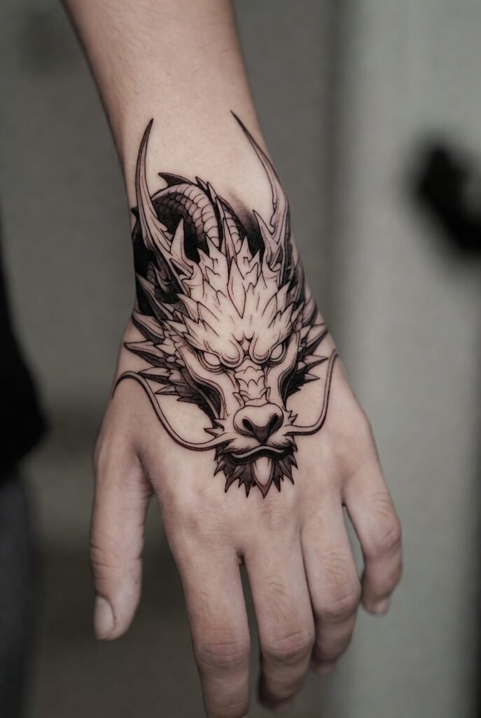 Mirror selfie focusing on a bold dragon head tattoo centered on the hand, with sharp line details and strong shading. The shot excludes the face, emphasizing the tattoo.
