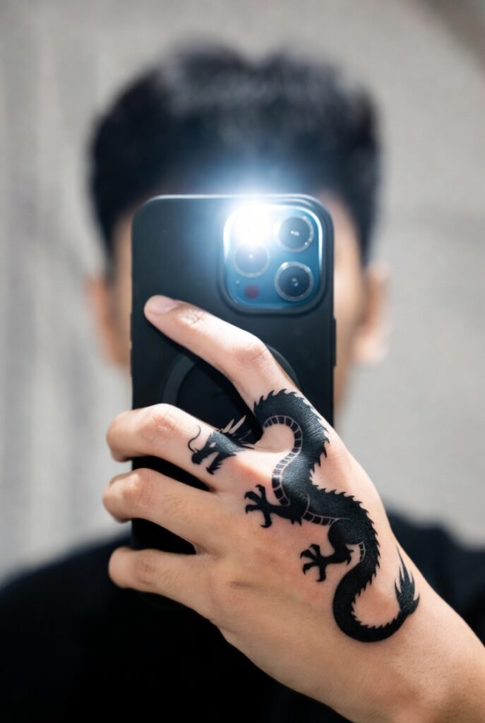 Person taking a mirror selfie of a dark dragon silhouette tattoo covering the top of the hand. Bright lighting emphasizes the crisp contrast of the solid black design.