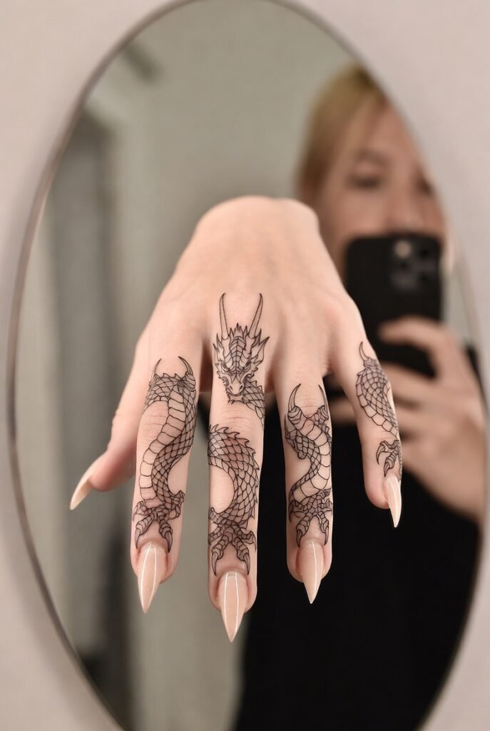 Mirror selfie showing dragon claw tattoos wrapping over each finger, with light shading and dynamic placement. The image is cropped tightly to display only the tattooed hand.