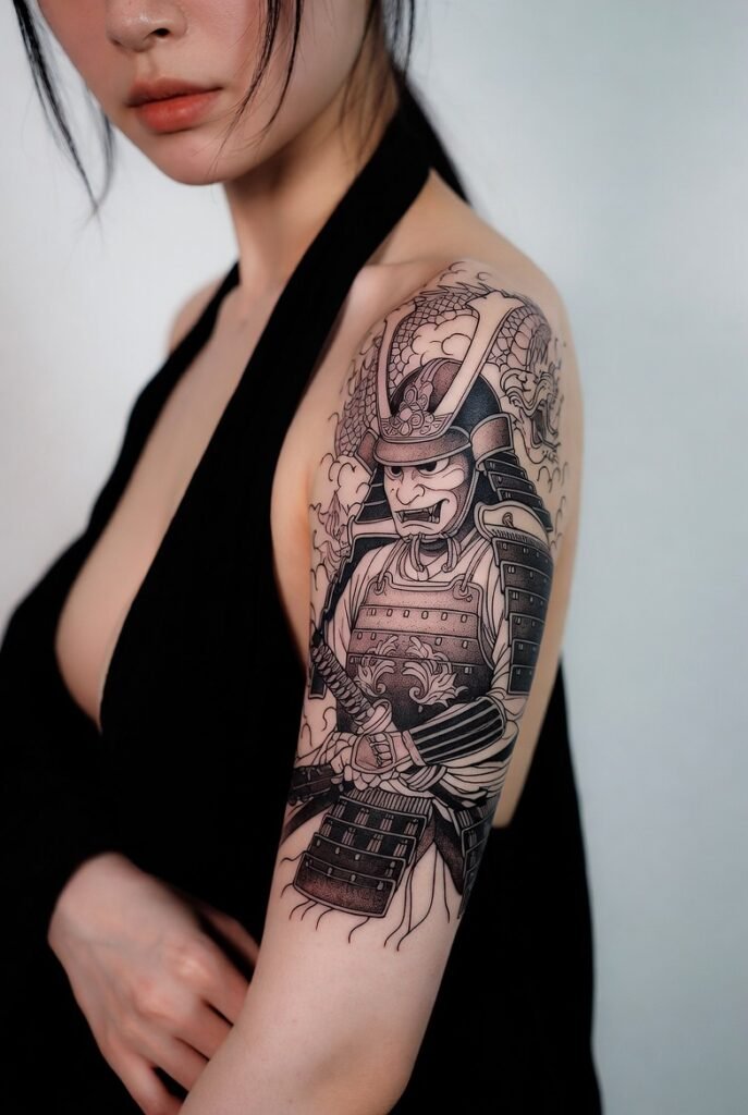 A Japanese model with a samurai tattoo on their arm, in a realistic photograph with a minimalist background.