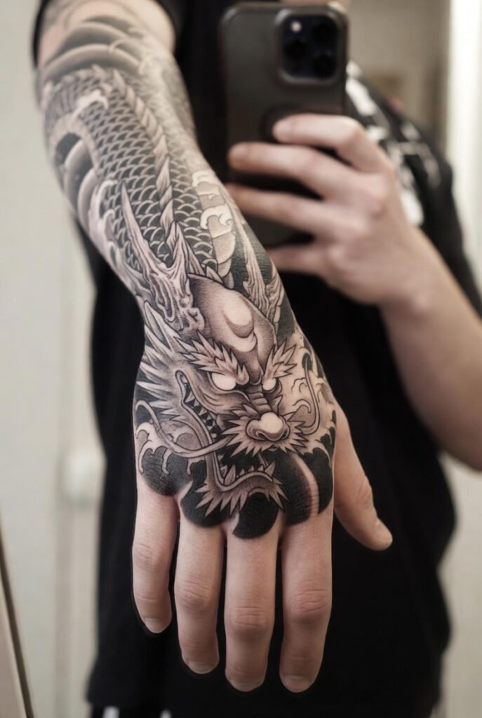 Person capturing a mirror selfie featuring a dragon hand tattoo blended with Japanese wave elements. Soft natural light highlights the flowing shapes and depth.