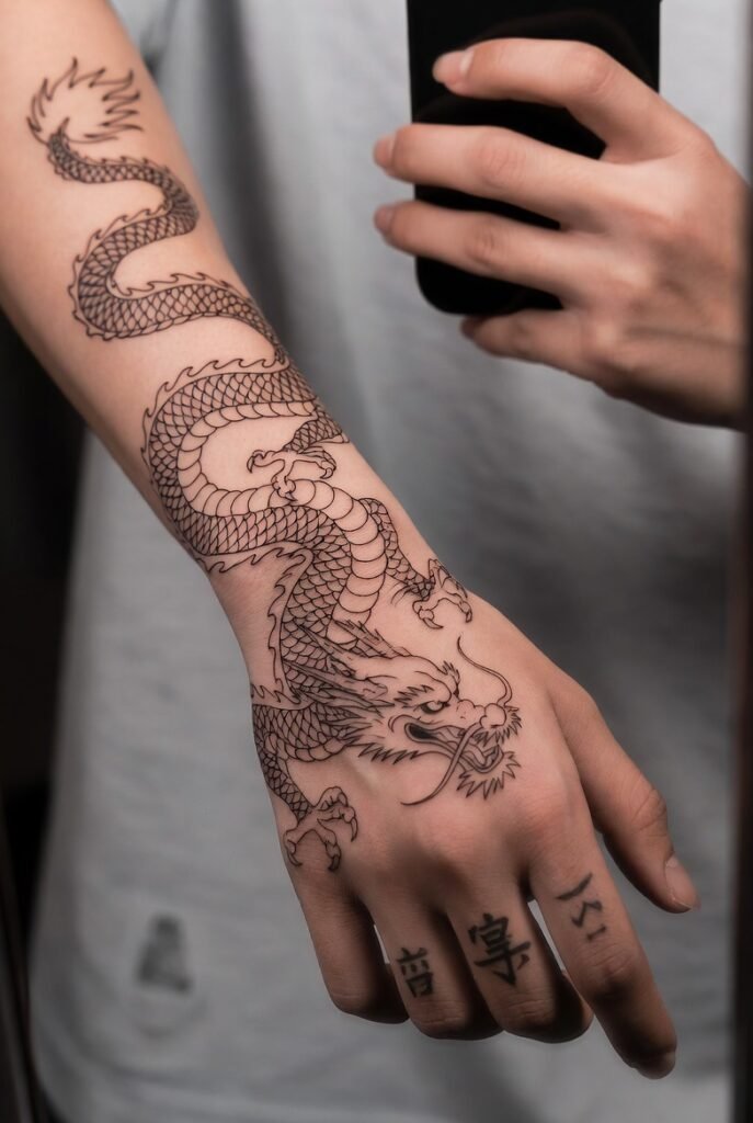 Mirror selfie showing a coiling dragon tattoo across the hand with elegant kanji symbols near the wrist. Only the hand appears in frame, lit gently for clarity.