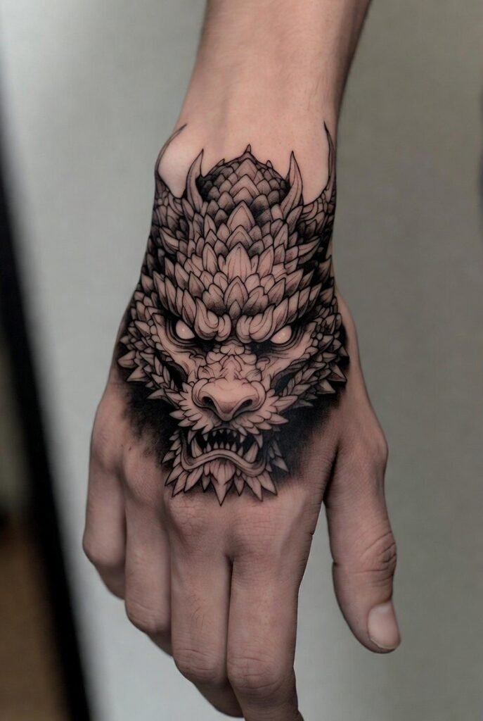 Person taking a mirror selfie of a fierce dragon face tattoo centered on the hand, with intense shading and expressive details. The background is minimal and softly lit.