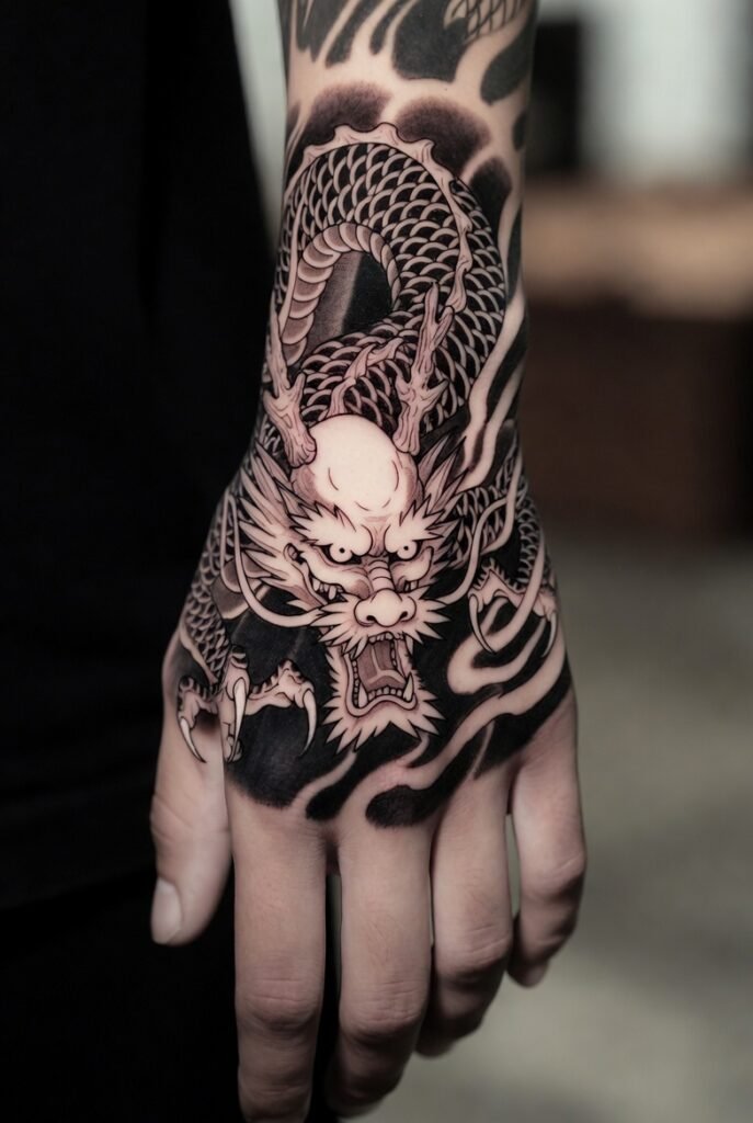 Mirror selfie highlighting a dramatic dragon tattoo surrounded by flowing flame designs. The shot focuses on the hand only, with warm lighting enhancing the tattoo’s texture.