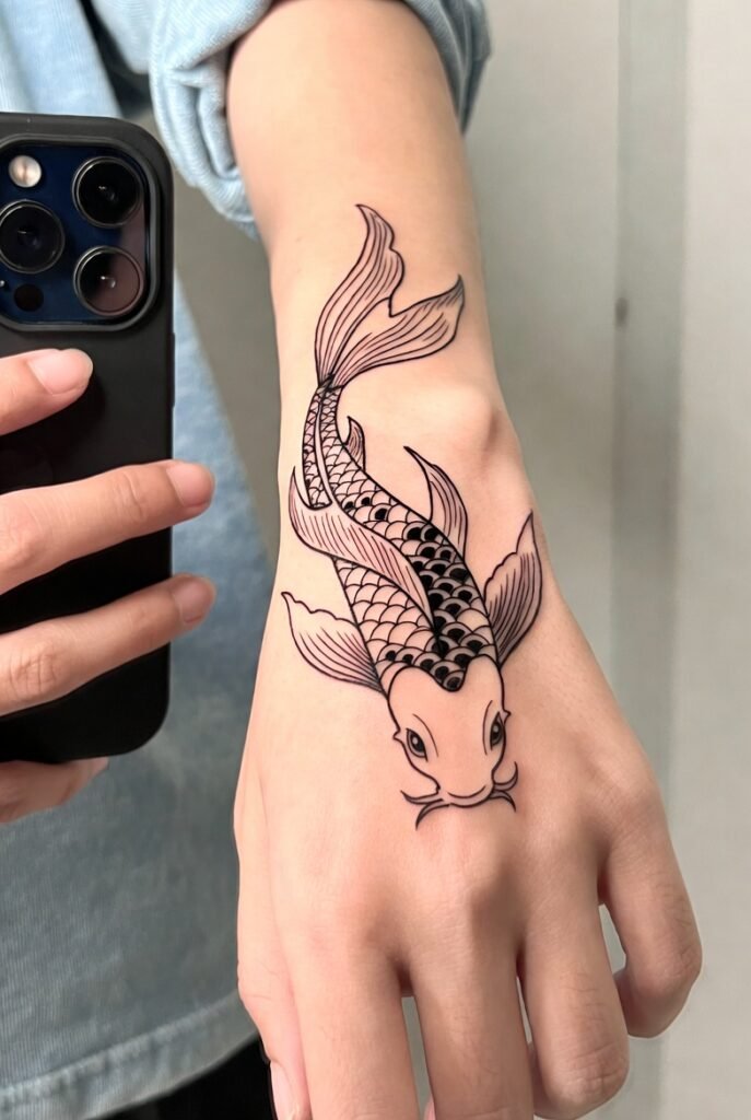 Japanese Hand Tattoos: 5 Stunning Koi & Wave Designs 2026! 2 Person taking a mirror selfie showing a detailed koi swimming upward across the hand, surrounded by soft flowing water lines. Only the hand and forearm are visible, captured in gentle natural light with a clean background.