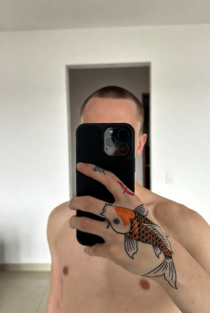 Japanese Hand Tattoos: 5 Stunning Koi & Wave Designs 2026! 3 Mirror selfie focusing on a bold koi and wave tattoo across the top of the hand, inspired by the Great Wave. The face is not shown, and bright indoor lighting highlights the dramatic line work.