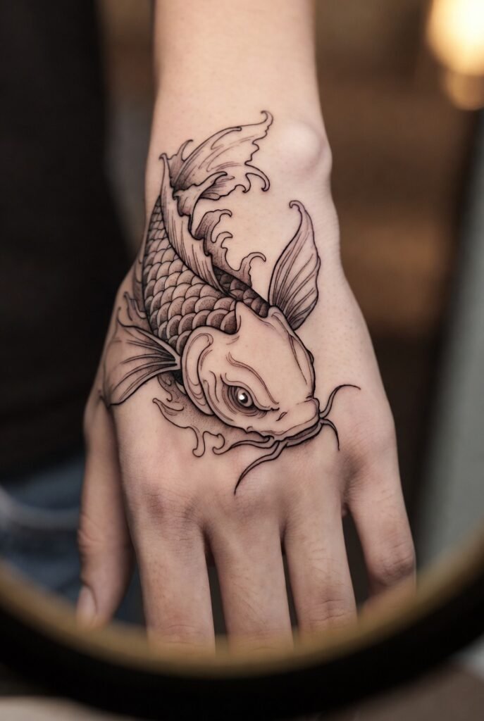 Japanese Hand Tattoos: 5 Stunning Koi & Wave Designs 2026! 4 Person taking a mirror selfie featuring two koi arranged in a circular yin-yang flow across the hand. Soft shadows enhance the balanced composition, with the shot cropped above the wrist.