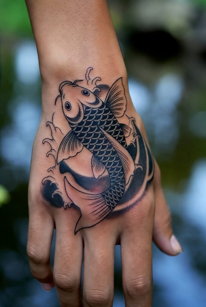Japanese Hand Tattoos: 5 Stunning Koi & Wave Designs 2026! 5 Mirror selfie showing a minimalist thin-line koi hand tattoo with subtle wave accents around the fingers. Only the hand is visible, captured in a bright, modern interior.