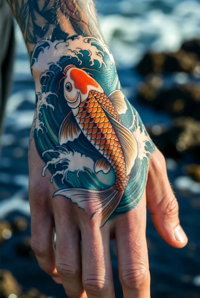 Japanese Hand Tattoos: 5 Stunning Koi & Wave Designs 2026! 6 Person taking a mirror selfie of a striking koi head tattoo centered on the hand with bold water splash details. The image focuses solely on the tattooed hand in soft warm lighting.