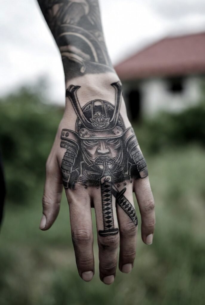 Person taking a mirror selfie showing a bold samurai warrior mask tattoo covering the entire top of the hand, with deep shading and strong facial details. The image is cropped to show only the tattooed hand under soft indoor lighting.