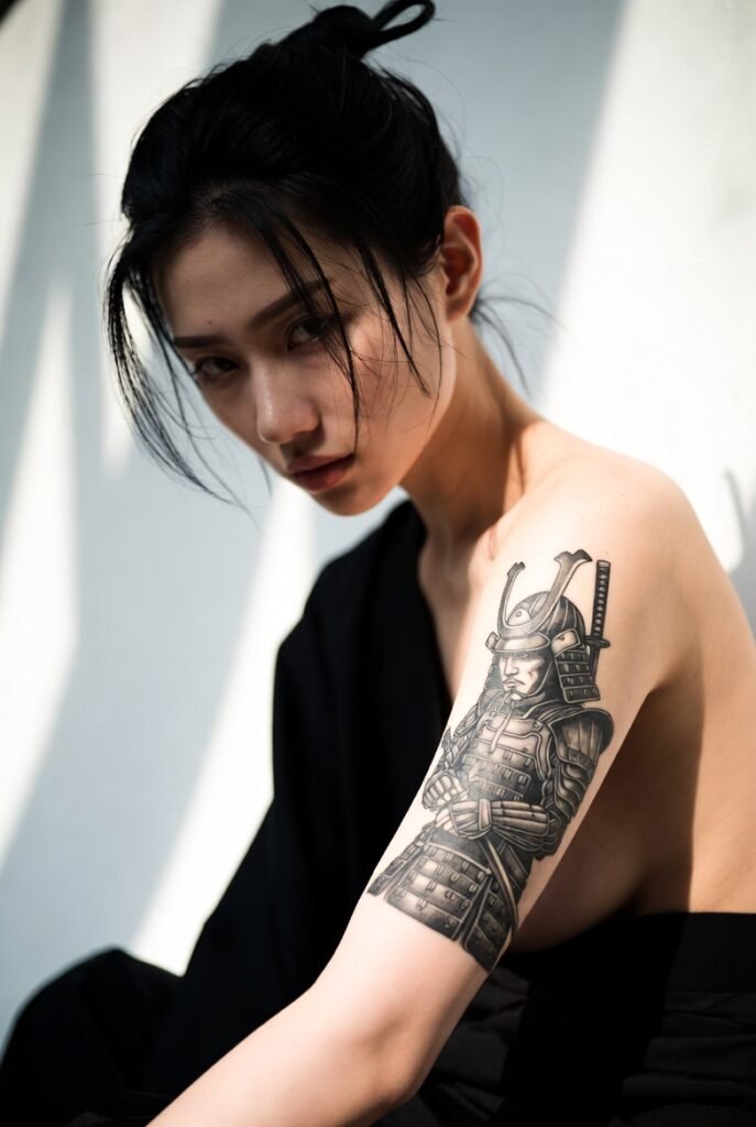 A Japanese model with a samurai tattoo, posing in a minimalist, serene setting.