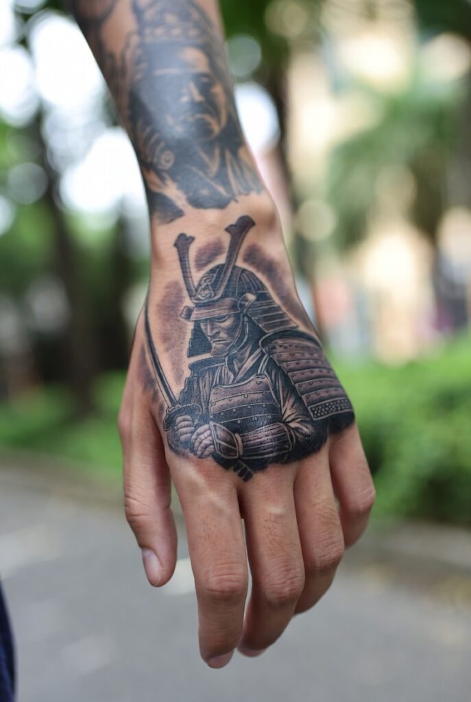 Mirror selfie focusing on a Japanese kabuto helmet tattoo spreading across knuckles and the back of the hand, featuring sharp armor lines and horn details. Only the hand and wrist are visible in a clean, modern interior.