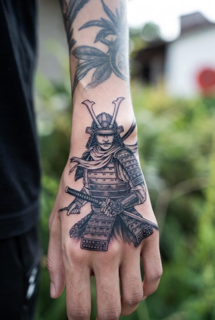 Person taking a mirror selfie displaying a refined samurai profile tattoo with flowing hair across the hand, rendered in elegant line work. The shot is cropped above the wrist, creating a calm and artistic atmosphere.