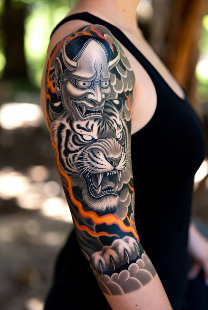 A Japanese woman displays a detailed tattoo of a tiger and mask in a blurred outdoor setting.