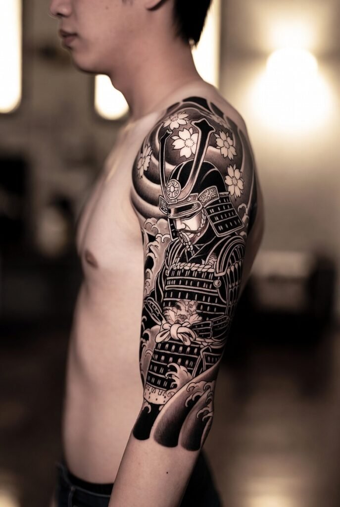 A Japanese model displays a detailed samurai tattoo in a photographic indoor setting.
