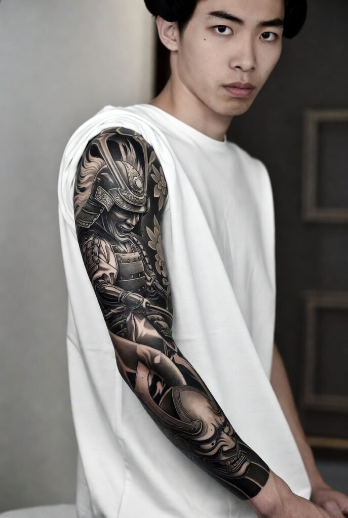 A Japanese model displays a detailed full sleeve tattoo on their left arm, in a plain background.